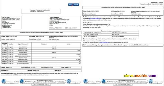 India Yes Bank statement of account Word and PDF, 2 pages